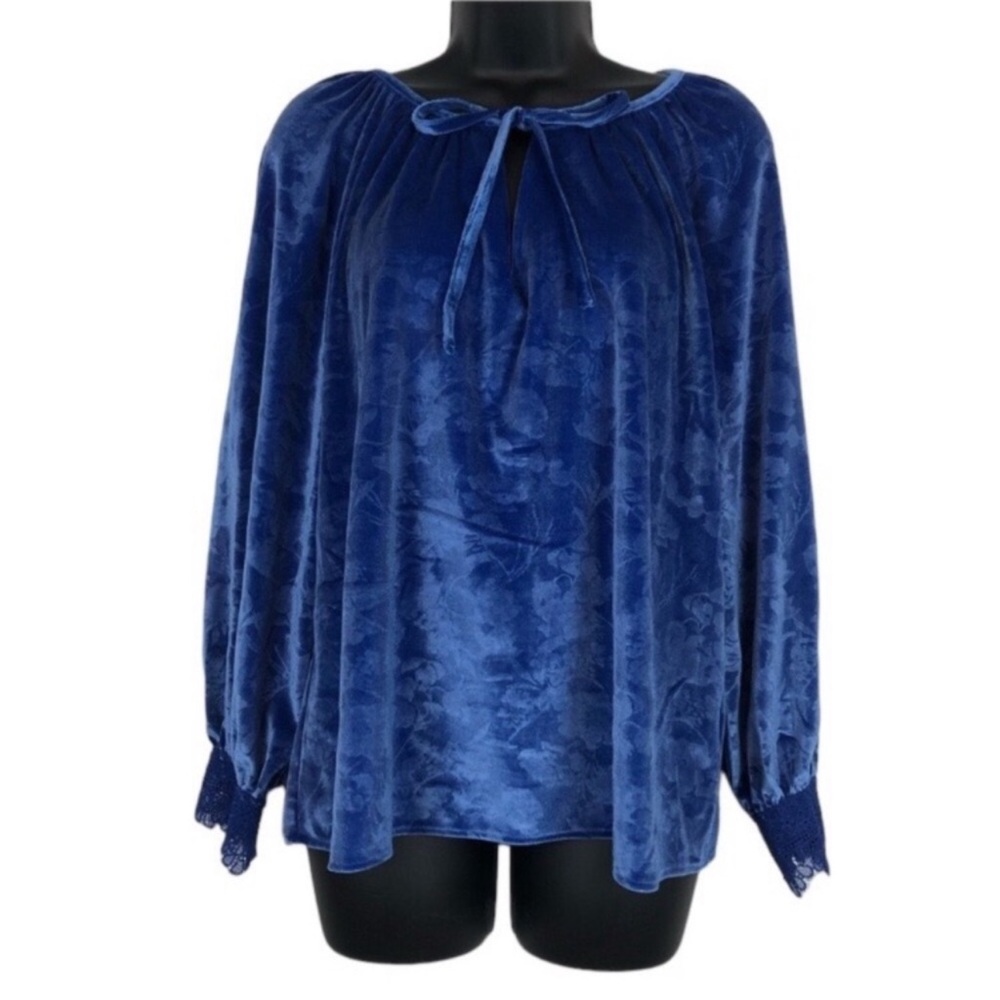 The Pioneer Woman Sz Med Stamped Velvet Peasant top Crochet Cuff Raglan sleeve